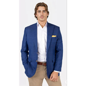 Men's Cesare Bianni Blue Plaid Wool Blazer with Tan Elbow Patches 44R Turkey